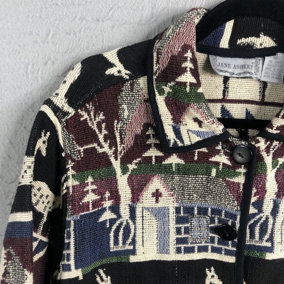 Jane Ashley Jacket Womens Medium Tapestry Mountain Scene Reindeer Pines Church - Picture 15 of 16